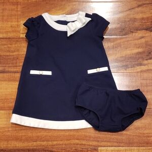 Janie and Jack EUC 12-18 months navy blue and white ponte dress w/ diaper cover